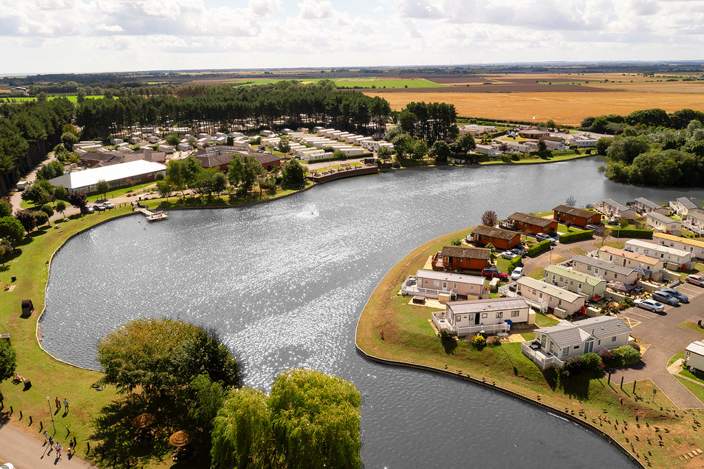 Lakeside park aerial view of the fields and lake