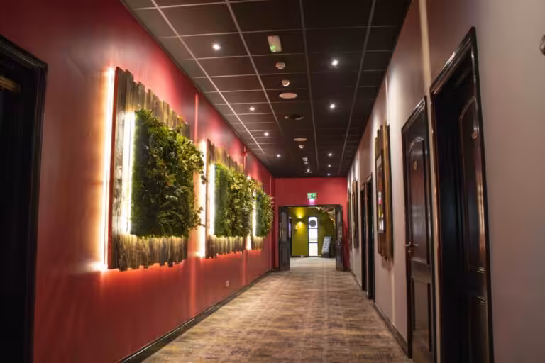 A corridor of the waterfront club in Lakeside park with mounted plant pots and lights