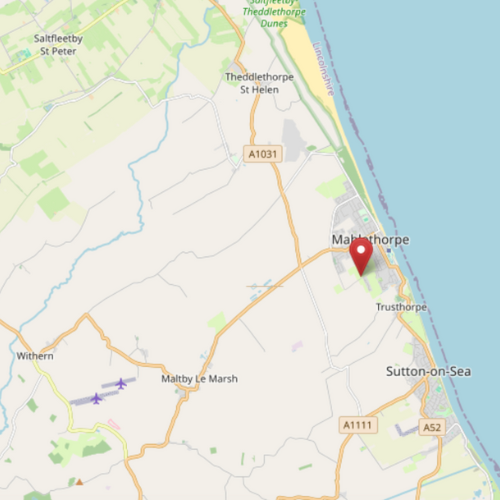 A map of Englad that shows where Whispering Waters Park is in relation to the coast